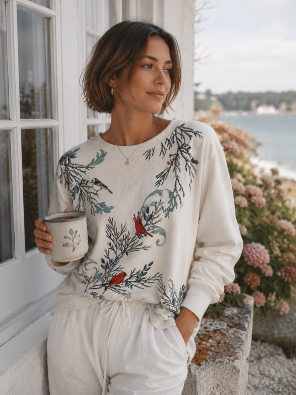 Northern Traditions Cream Sweatshirt with Embroidered Botanical Detail